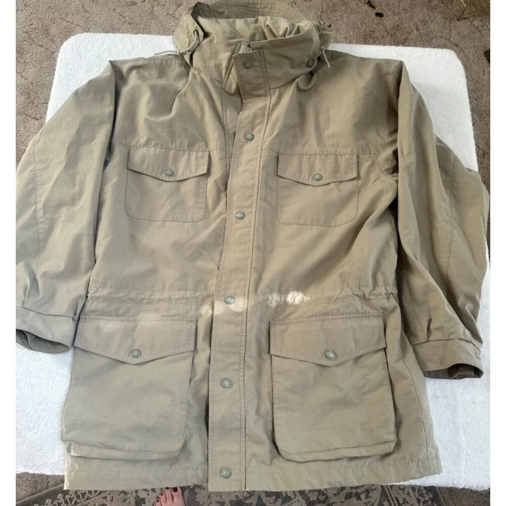 VTG Eddie Bauer Safari Jacket Men's L Tan Drawstring Mock Collar Mid‑Length Coat